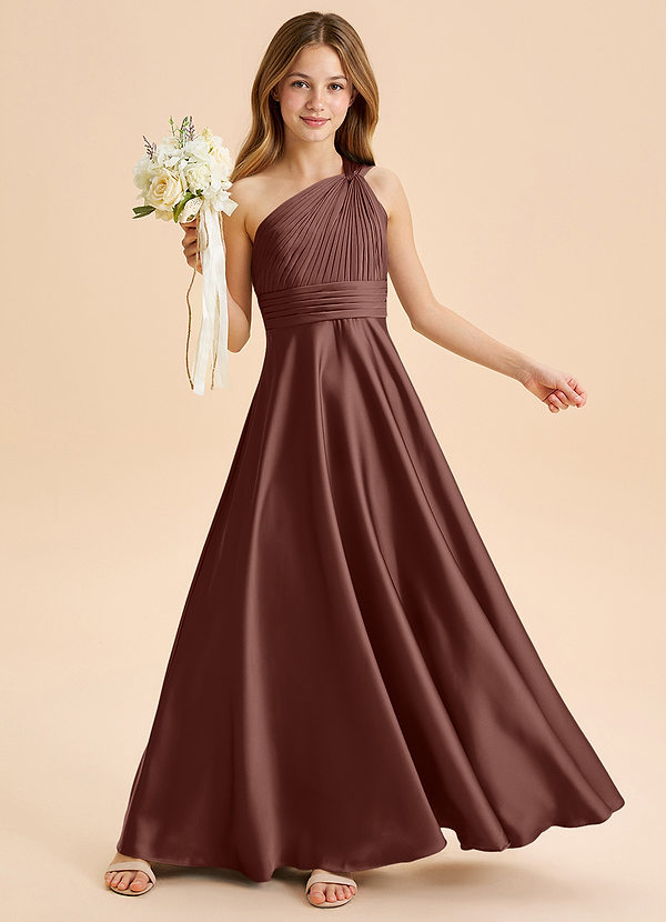 Azazie Charlize Junior Abito A-Line in Raso Elasticizzato Plissettato Espresso image1