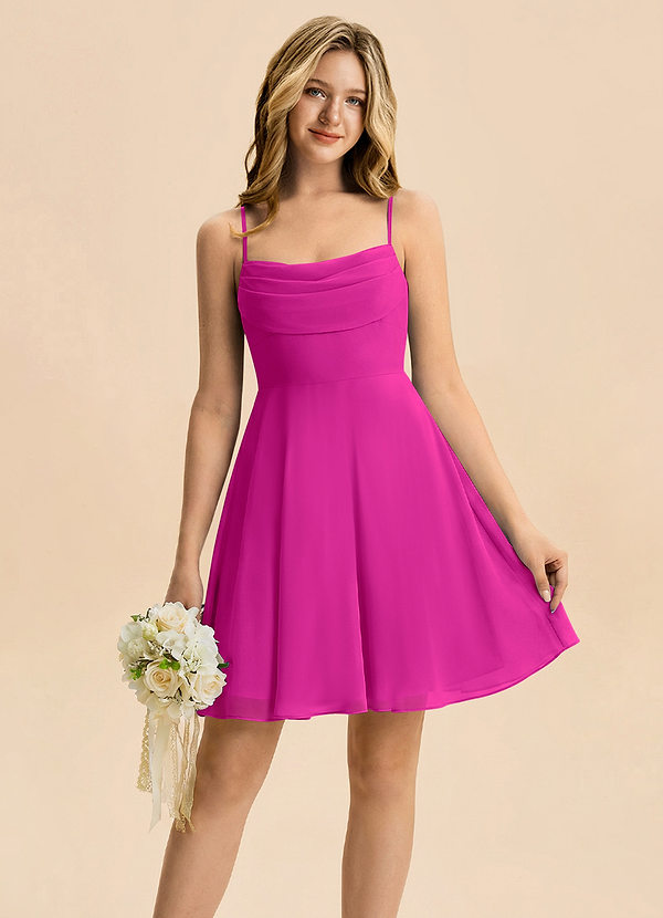 Azazie Bear Junior Vestido Fucsia de Gasa de Corte en A con Plisado image1