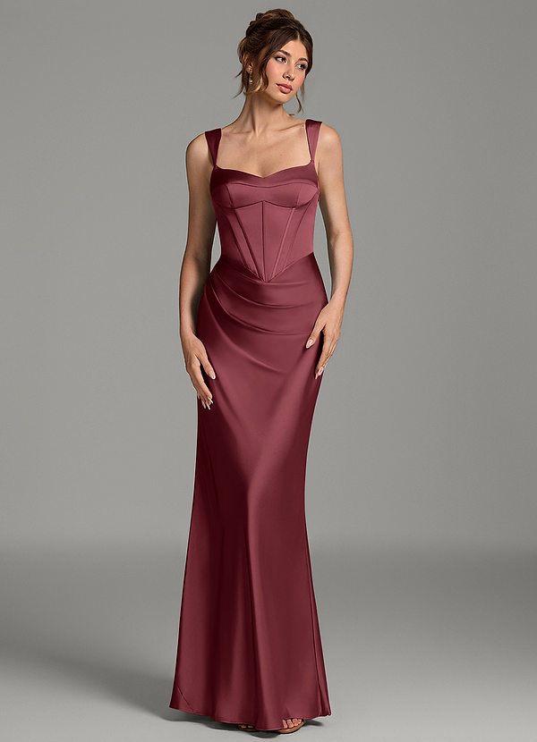 Azazie Mela Bridesmaid Dresses Merlot Sheath Corset Stretch Satin Dress image1