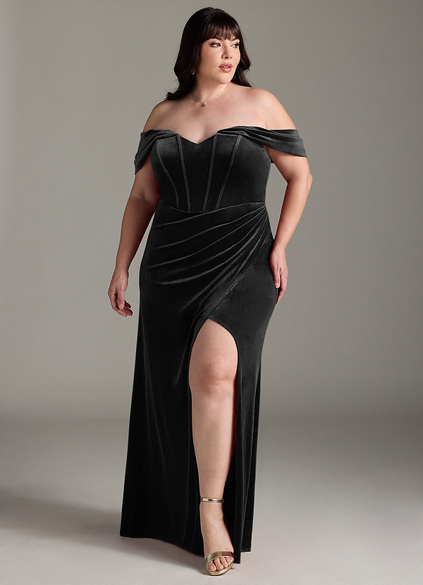 Azazie Jas Bridesmaid Dresses Black Sheath Off-The-Shoulder Corset Velvet Convertible Dress image1