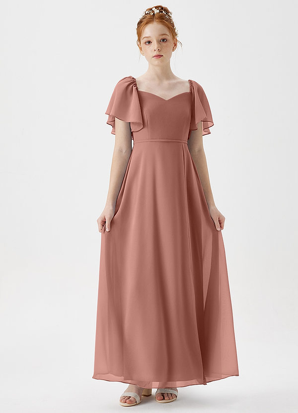 Azazie Chloe Junior A라인 스윗하트 네크라인 쉬폰 플로어 길이 주니어 신부 들러리 드레스 image1