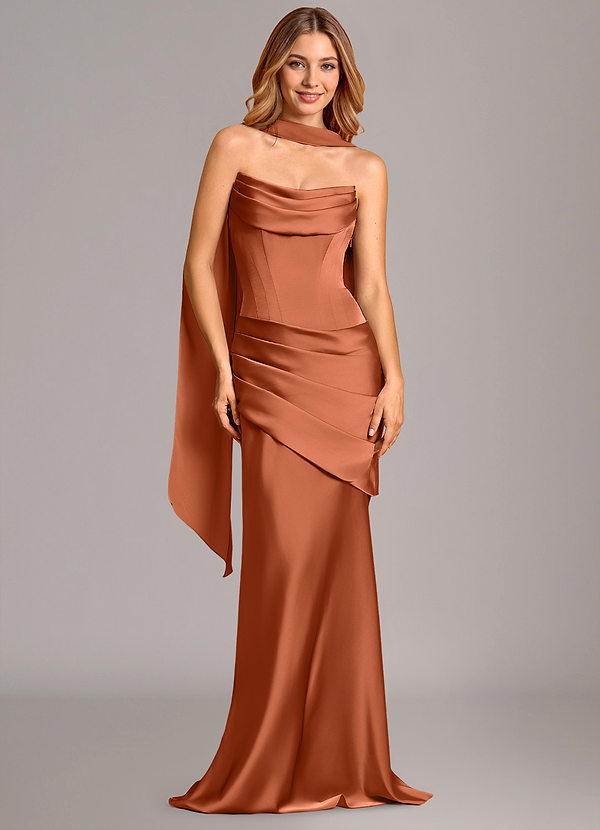 Azazie Pelagia 신부 들러리 드레스 인어 코르셋 스트레치 새틴 바닥 길이 드레스 image1