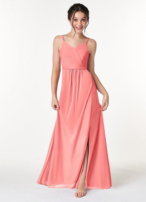 Azazie Luxy Junior Coral Pleated Mesh Dress image1