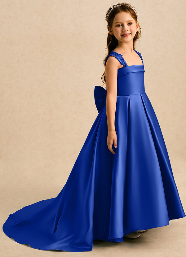Azazie Genie Flower Girl Dresses Royal Blue Ball-Gown Off the Shoulder Matte Satin Dress image1