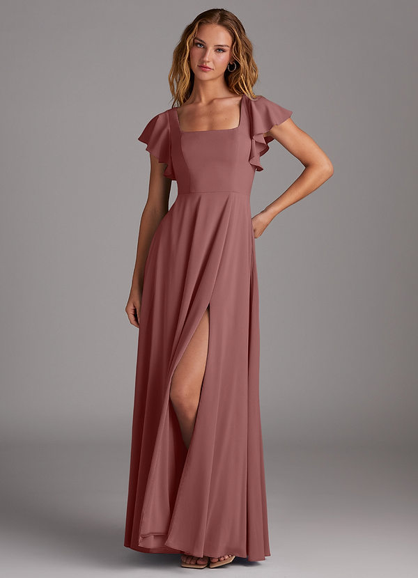 Azazie Bondi Vestidos Dama de Honor Vestido de Rosa Del Desierto de Chifón elástico de Corte en A con Corte Lateral image1