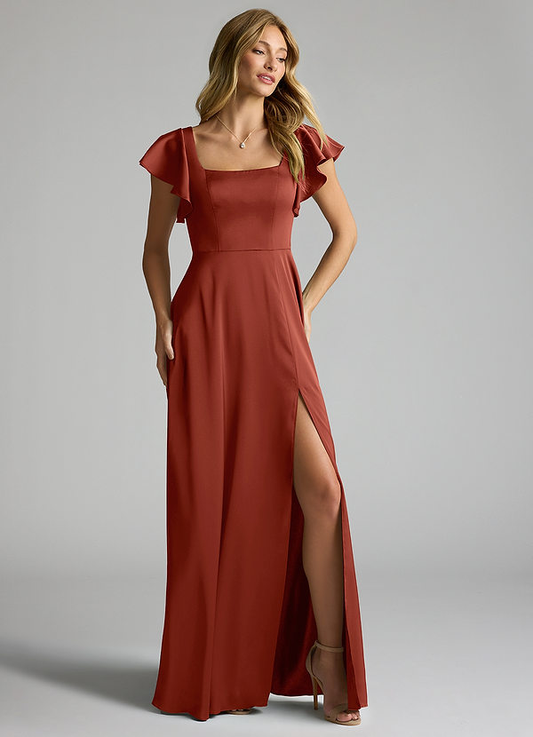 Azazie Bondi Bridesmaid Dresses Terracotta A-Line Bow Stretch Satin Dress image1