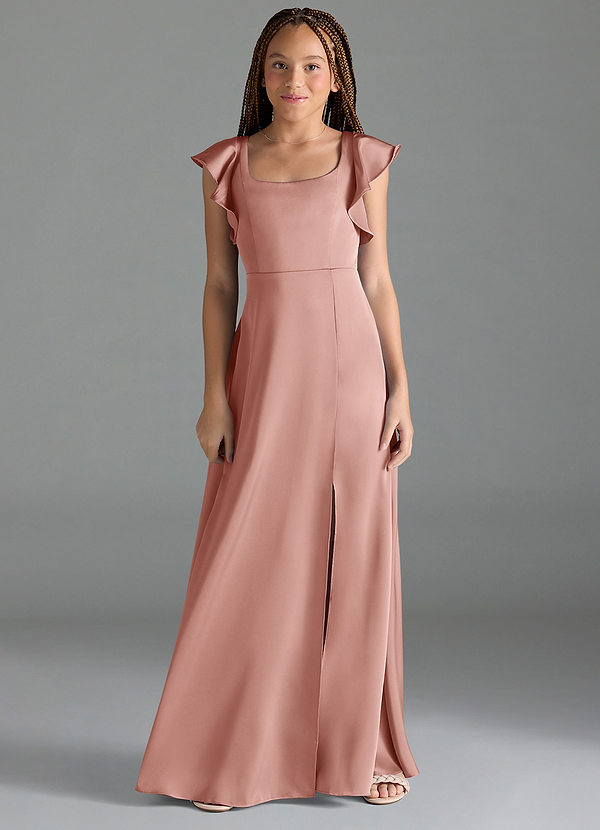 Azazie Bondi Junior Dusty Rose A-Line Side Slit Stretch Satin Dress image1