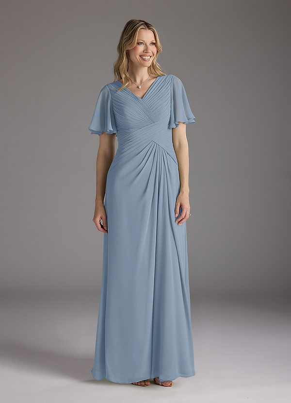Azazie Morning Glory Mother of the Brides Dresses Dusty Blue A-Line V-Neck Ruched Chiffon Dress image1