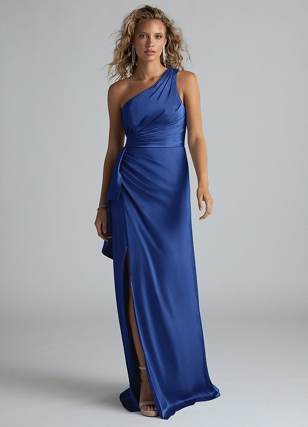 Azazie Maive Robes Demoiselle d'honneur Robe Fourreau en Satin extensible Rayé Bleu Roi image1