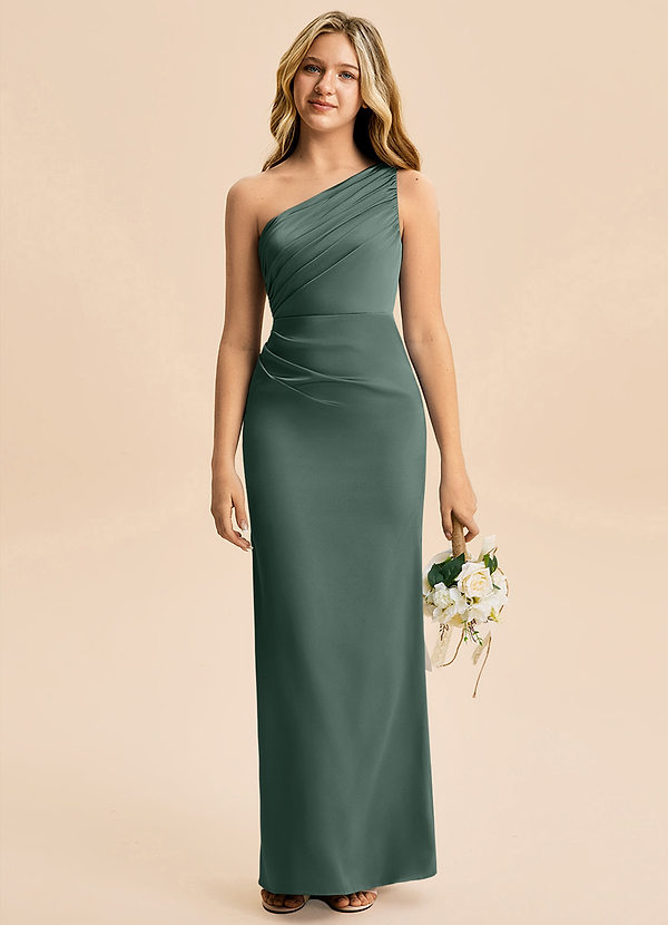 Azazie Akilah Junior Sea Moss Sheath Pleated Stretch Satin Dress image1