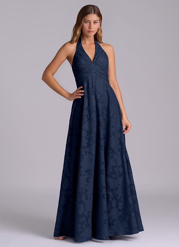 Azazie Tessie Brudtärneklänningar Klä av A-Linje i Blommig Utbrändhet Plisserad Mörk Marinblå image1