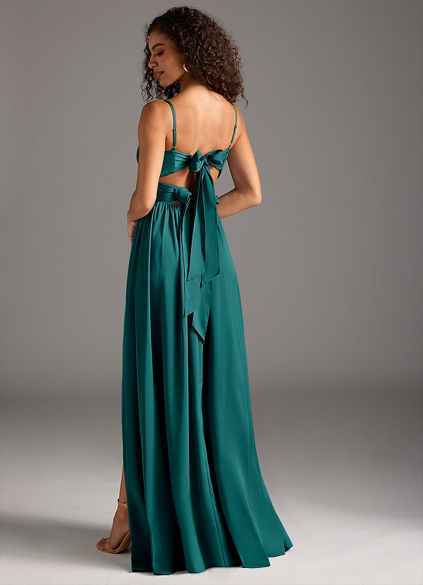 Azazie Zeya Bridesmaid Dresses Peacock A-Line Pleated Stretch Satin Dress image1