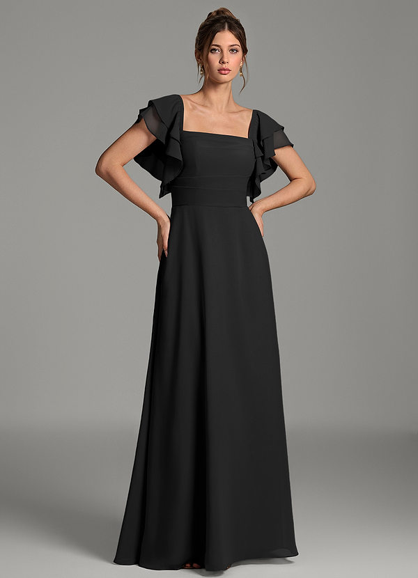 Azazie Dacia Bridesmaid Dresses Black A-Line Ruched Chiffon Dress image1