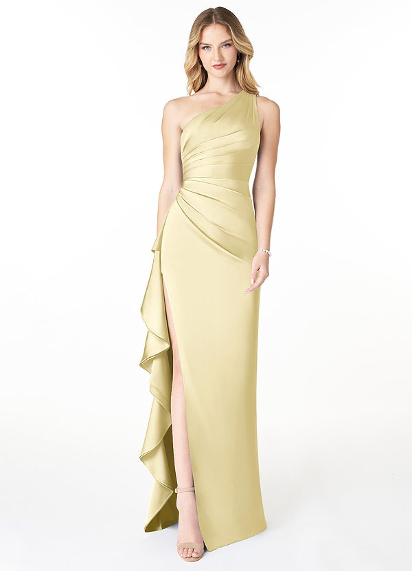 Azazie Latrice Bridesmaid Dresses Lemon Sorbet Sheath One Shoulder Cascading Ruffles Stretch Satin Dress image1