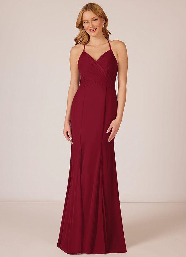 Vestidos largos de dama de honor de chiffon con escote en Y y mangas de volantes Borgoña