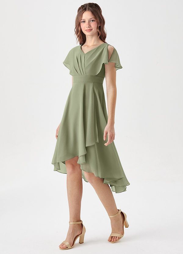 Azazie Graciela Junior Pistachio A-Line Pleated Chiffon Dress image1