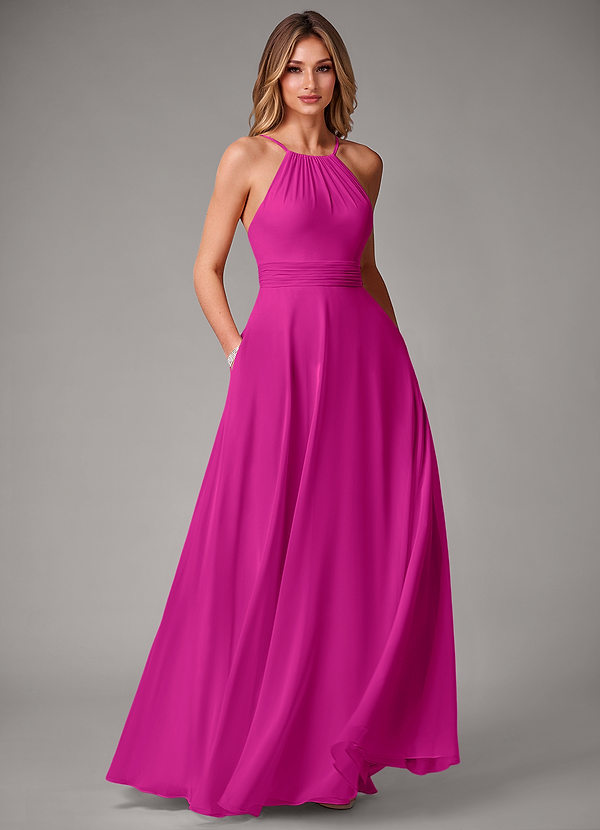Azazie Amalia Bridesmaid Dresses Vestido Fúcsia de Chiffon de Linha A com Plissado image1