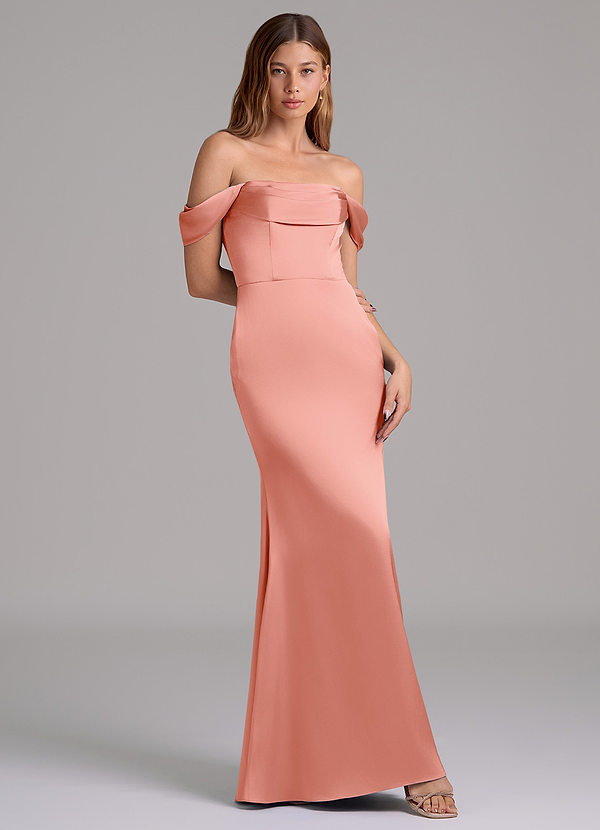 Azazie Miley 신부 들러리 드레스 인어 오프 더 숄더 스트레치 새틴 바닥 길이 드레스 image1