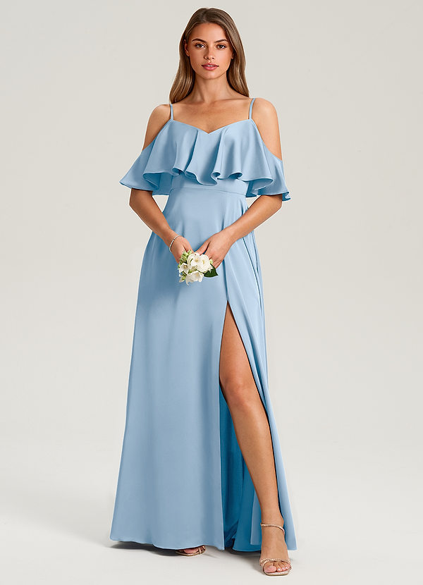 Azazie Jean Bridesmaid Dresses Powder Blue A-Line Off the Shoulder Stretch Satin Dress image1
