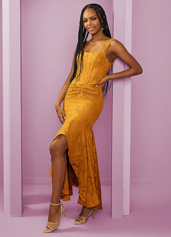 Barbie ♥ Azazie Bridesmaid Dresses Butterscotch Sheath Side Slit Floral Burnout Dress image1