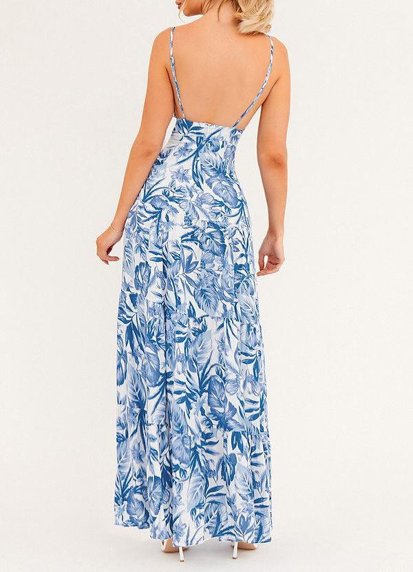 back Vestido Azul largo con recorte y estampado floral 