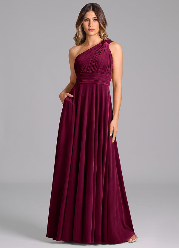 Azazie Charlize Bridesmaid Dresses Cabernet A-Line One Shoulder Velvet Dress image1