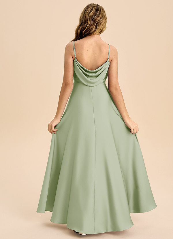 Azazie Bug Junior Dusty Sage A-Line Pleated Stretch Satin Dress image1