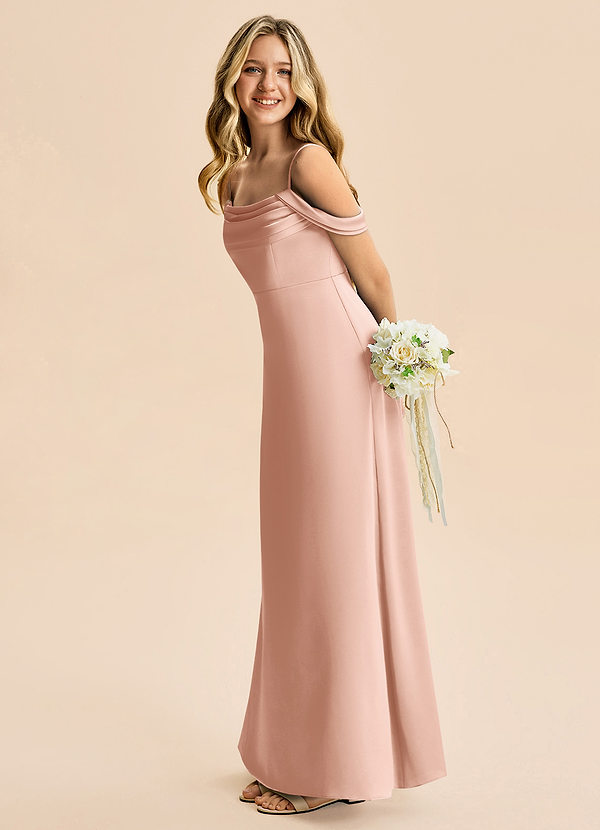 Azazie Lettie Junior Linia A Zza ramienia Satyna elastyczna Długość podłogi Młodsza druhna Sukienka image1