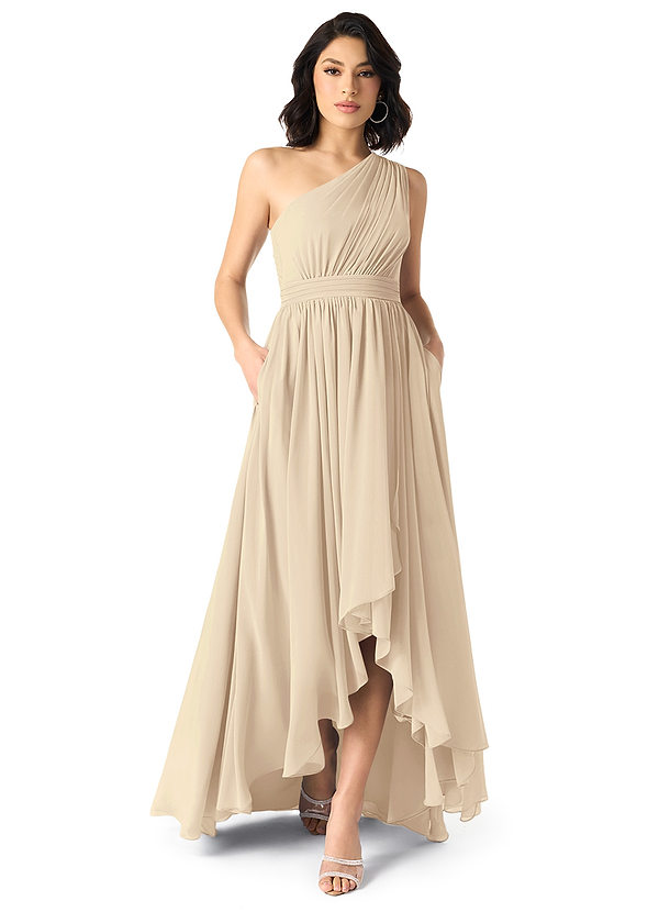 Azazie Mathilda Bridesmaid Dresses Champagne A-Line One Shoulder Chiffon Dress image1