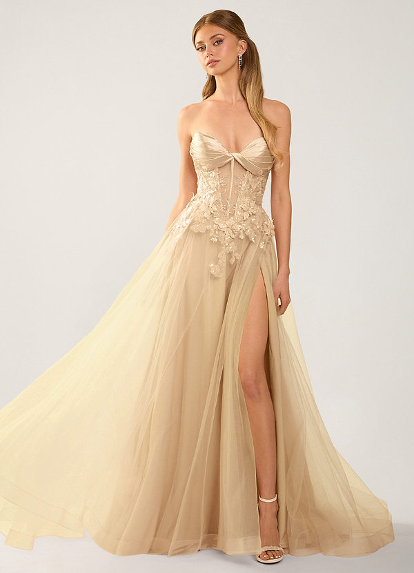 Rosalina Champagne 3D Flowers Corset Lace Up Back Prom Dress image1