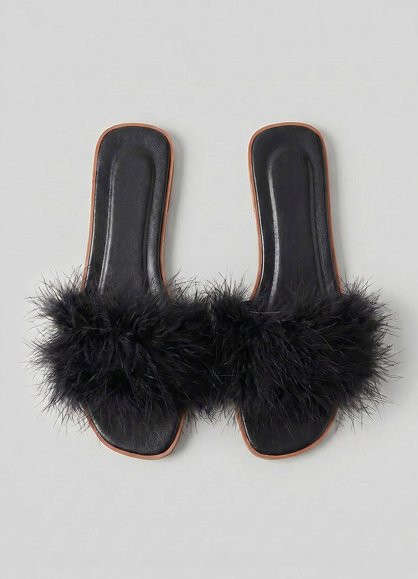 Black Bridal Feather Slippers for Getting Ready front