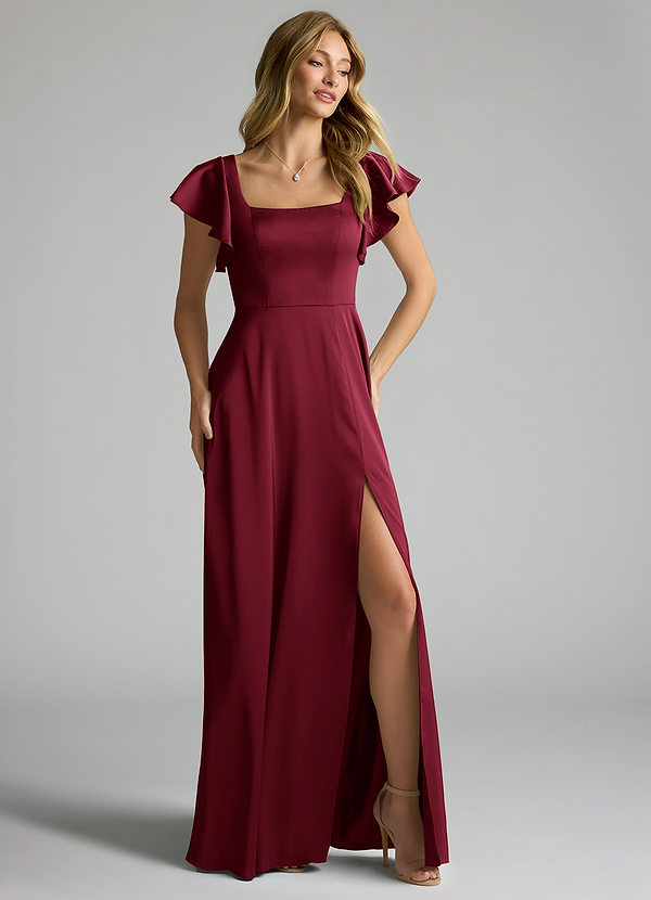 Bondi Bridesmaid Dresses Burgundy A-Line Bow Stretch Satin Dress image1