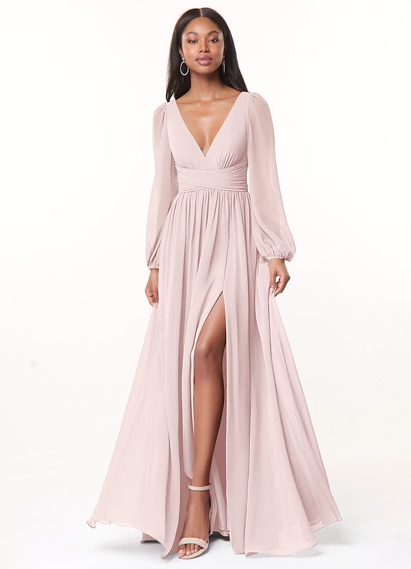 Azazie Norah Abiti da Damigella Abito A-Line in Chiffon con Maniche lunghe e Scollo a V Rosa Rossore image1