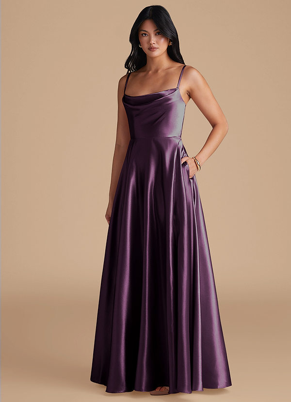 Azazie Elle Bridesmaid Dresses Plum A-Line with Pockets Metallic Satin Dress image1