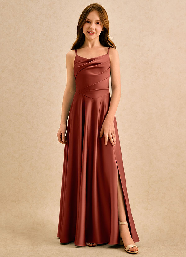 Azazie Coconut Girls Formal Sukienki dla dziewczynek sypiących kwiaty Linia A Pofałdowany Satyna elastyczna Długość podłogi Sukienka image1