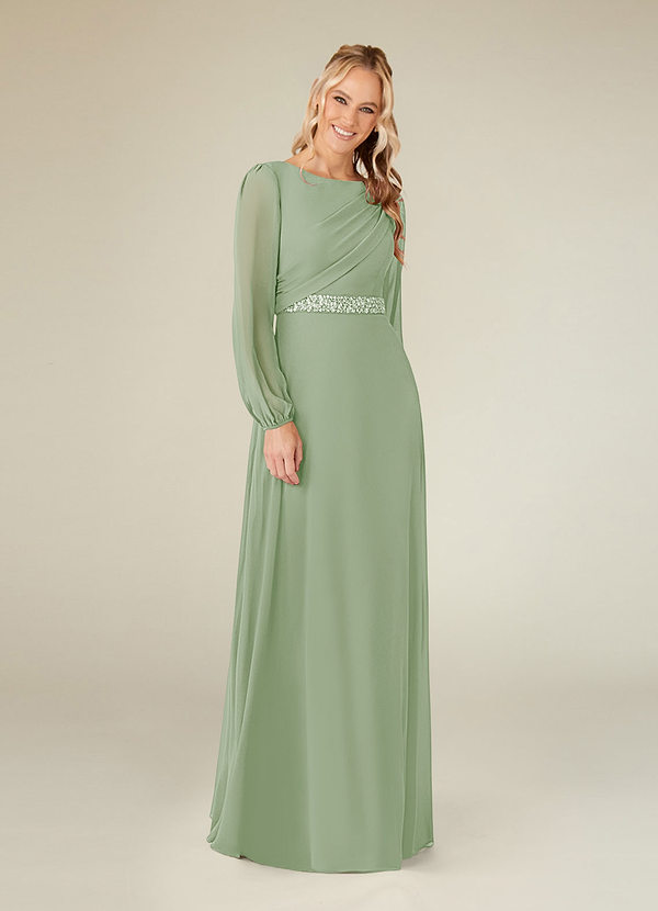 Azazie Priyanka Mother of the Brides Dresses Dusty Sage A-Line Boatneck Pleated Chiffon Dress image1