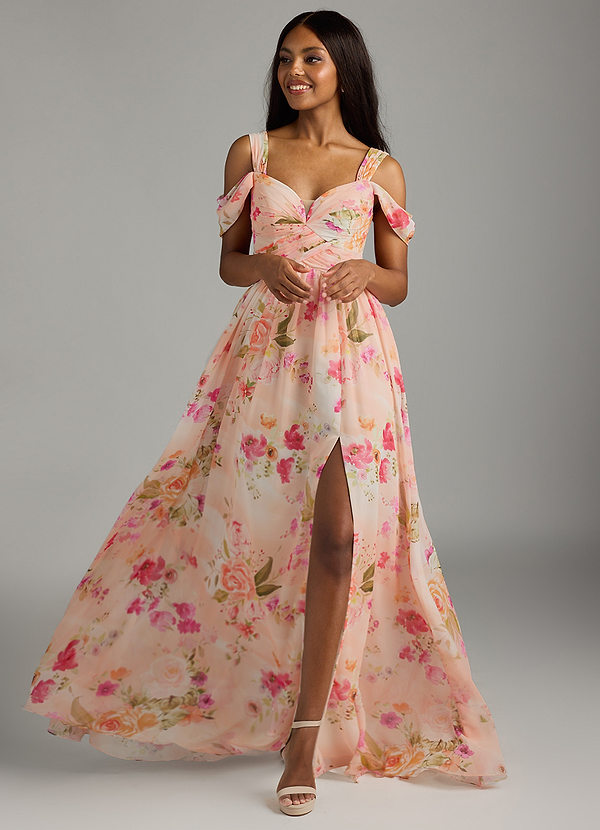 Azazie Lianne Bridesmaid Dresses Abstract Bouquet Floral A-Line Off the Shoulder Chiffon Dress image1