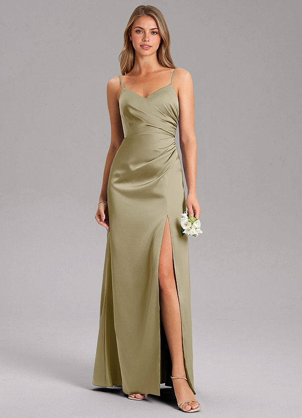 Azazie Azuree Bridesmaid Dresses Moss Green A-Line Pleated Stretch Satin Dress image1