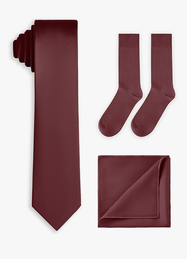 front Set coordinato di cravatta sottile in raso elasticizzato, fazzoletto da taschino e calzini