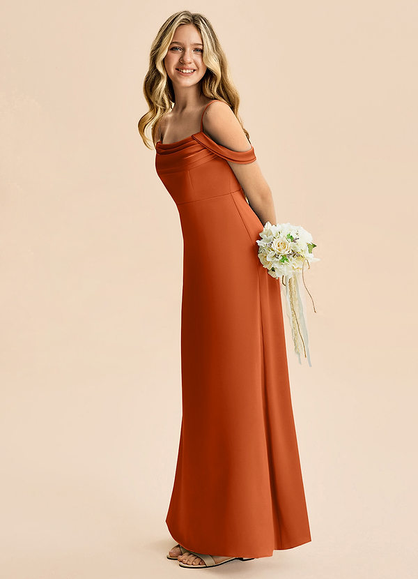 Azazie Lettie Junior Burnt Orange A-Line Off the Shoulder Stretch Satin Dress image1