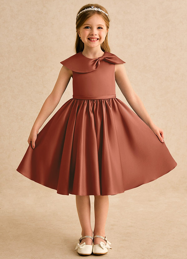 Azazie Acorn Flower Girl Dresses Auburn A-Line Pleated Matte Satin Dress image1