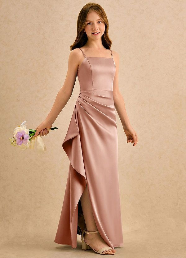 Azazie Cannoli Girls Formal Vestidos de Niña de Flores Vestido de Oro Rosa de Satén Elástico de Corte en A con Plisado image1