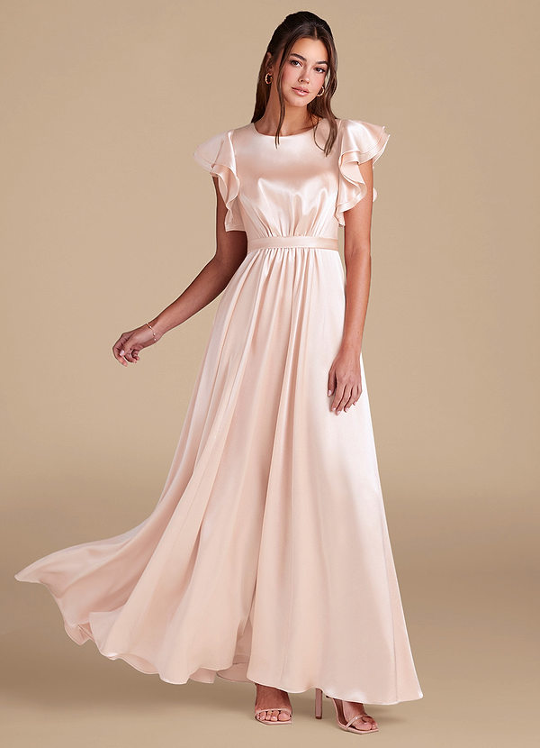 Azazie Daphne Modest Bridesmaid Dresses A-Line Ruched Metallic Satin Floor-Length Dress image1