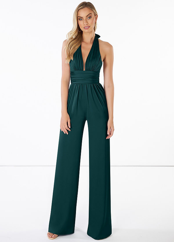 Azazie Oli Bridesmaid Dresses Pine Pleated Stretch Satin Jumpsuit image1