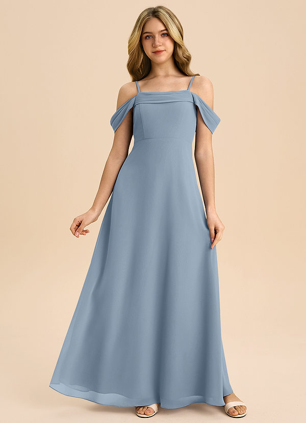 Azazie Anselie Junior Robe Trapèze en Mousseline de soie Épaule décolletée Bleu Poussiéreux image1