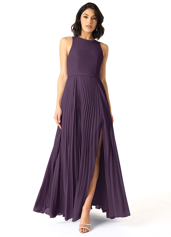 Azazie Lindie Bridesmaid Dresses Plum A-Line Scoop Pleated Chiffon Dress image1
