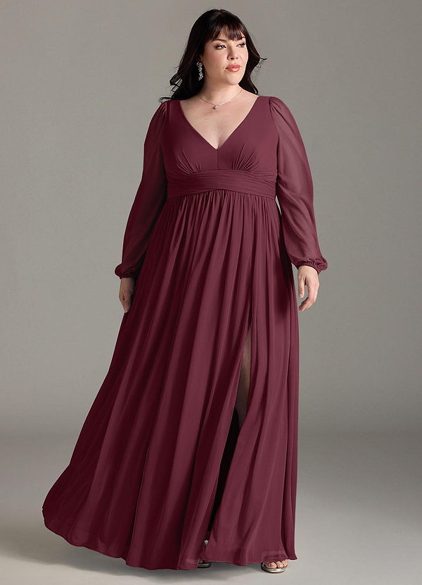 Azazie Norah Bridesmaid Dresses Cabernet A-Line V-Neck Long Sleeve Chiffon Dress image1