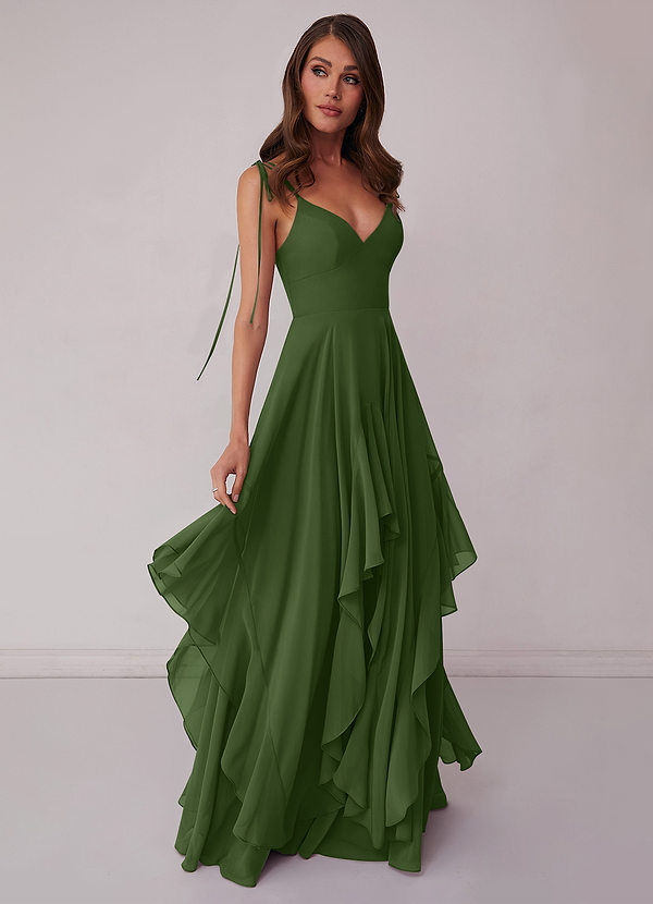 Barbie ♥ Azazie Bridesmaid Dresses Vestir Oliva de Chiffon de Linha A com Arco image1