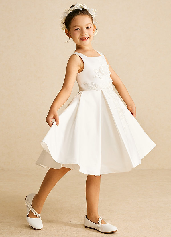 Azazie Kata Flower Girl Dresses Ivory A-Line Lace Matte Satin Dress image1