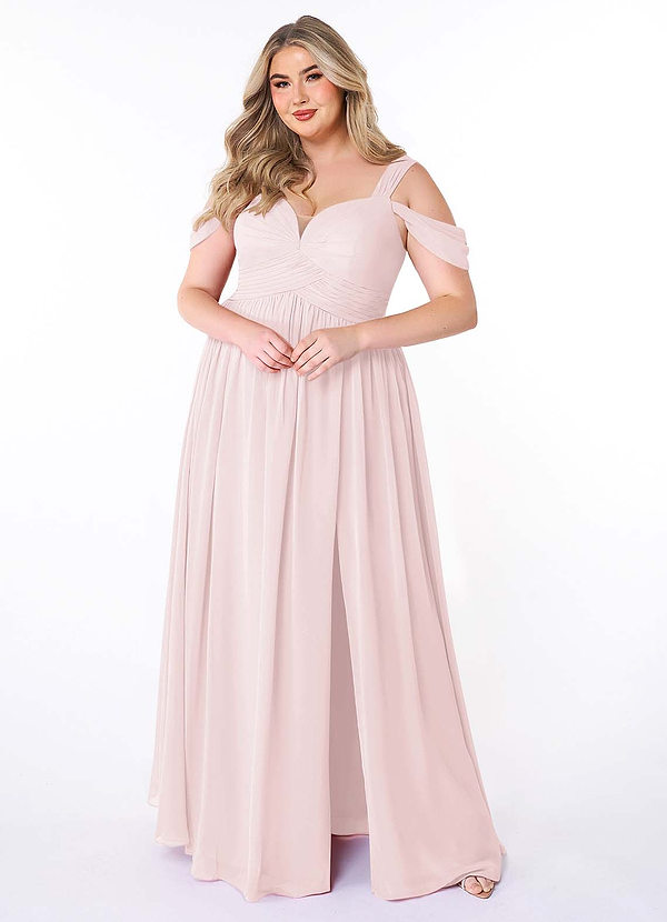 Azazie Lianne Bridesmaid Dresses Blushing Pink A-Line Off the Shoulder Chiffon Dress image1